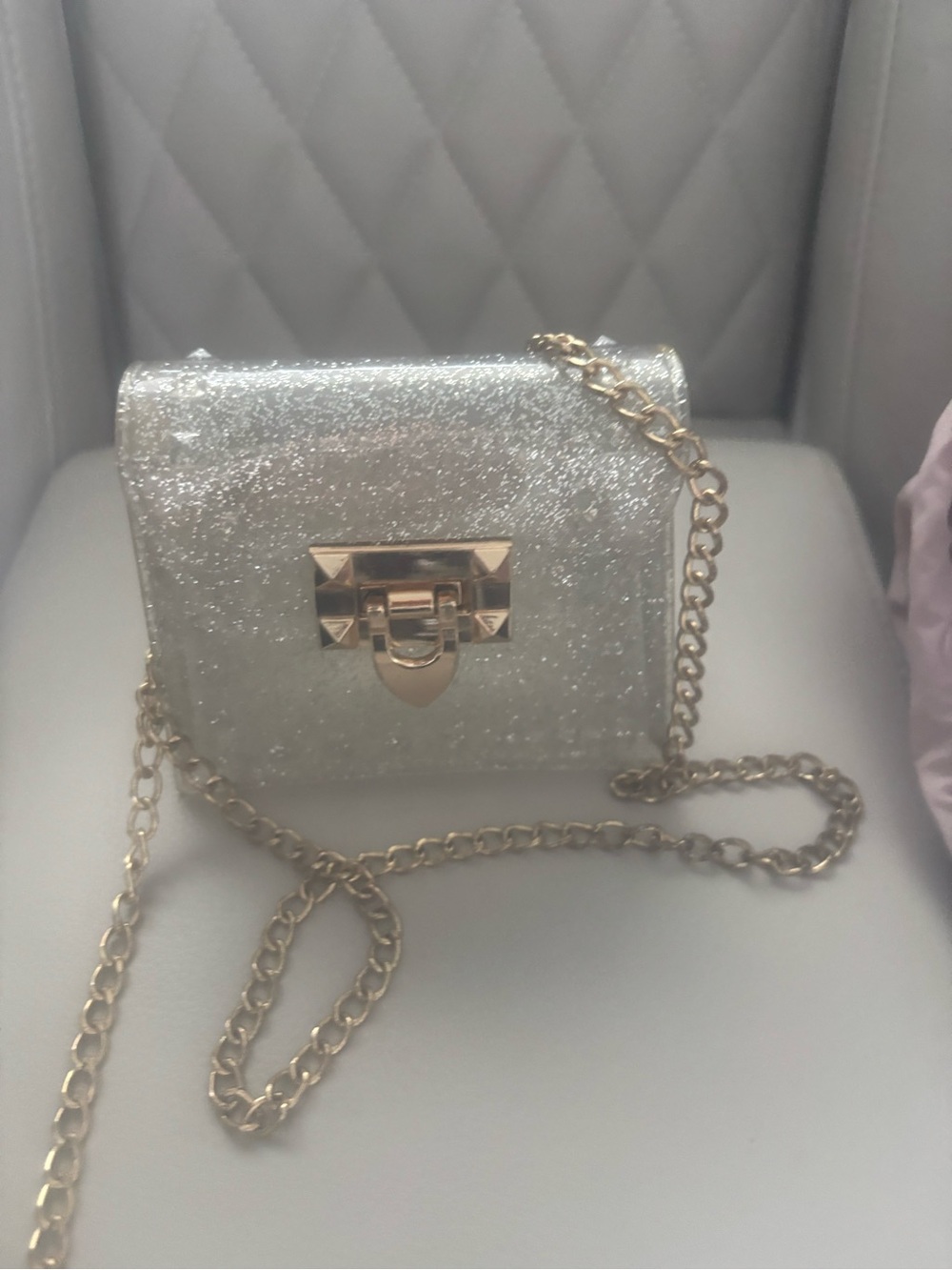 Silver Glitter Chain Crossbody Bag with Gold Hardware